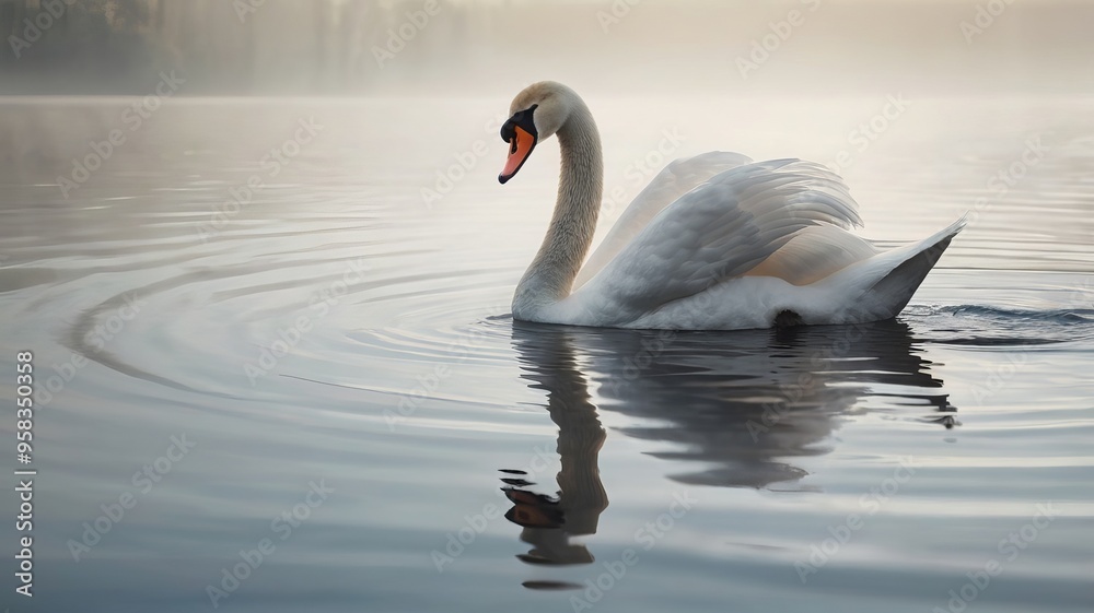 A cinematic close-up of an elegant swan gliding gracefully on a serene lake A cinematic close-up of an elegant swan gliding gracefully on a serene lake