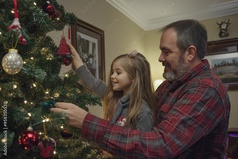 Father and daughter decorate a Christmas tree Father and daughter decorate a Christmas tree