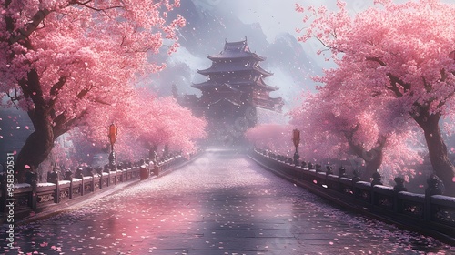Breathtaking 3D scene of an ancient Japanese castle with sakura trees in full bloom, showcasing a stunning view and plenty of empty space for background screens.
