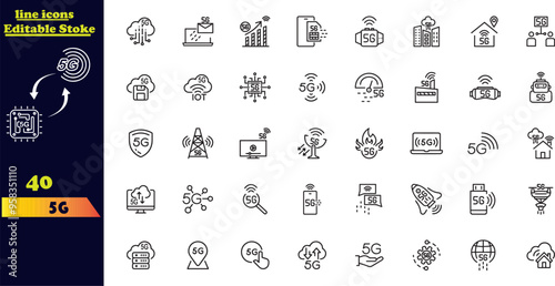 Editable 5G vector icon set. It includes collections of stroke icons featuring 5G networks, signals, towers, bandwidth, routers, connectivity, and more.