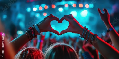 A crowd at a concert with someone making a heart shape with their hands.