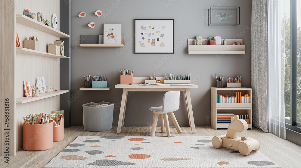 Obraz premium kitchen interior, modern living room, A spacious children's room with a style desk made of light wood, paired with a matching chair. The room has soft gray walls