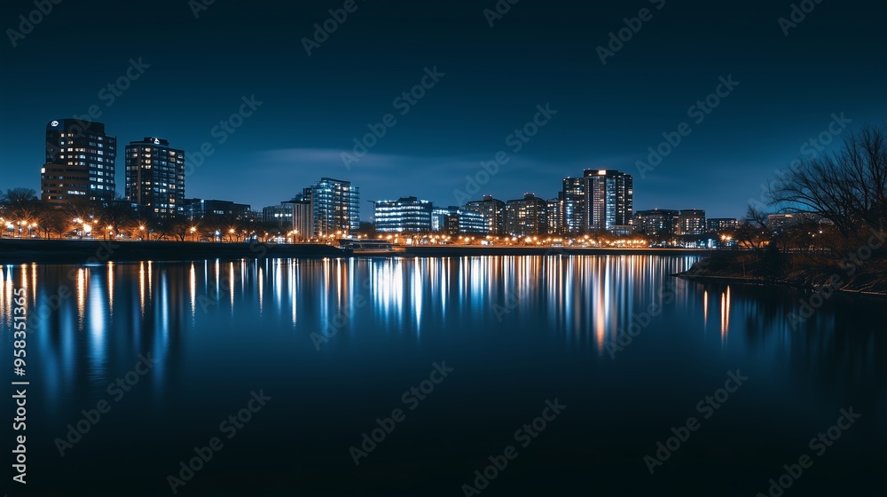 Fototapeta premium Night view of city skyline reflecting on calm river waters with illuminated buildings along the shore