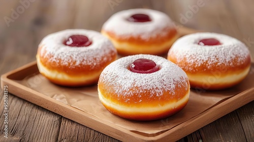 Hanukkah donuts on a tray with jelly filling, festive mood, 3D illustration