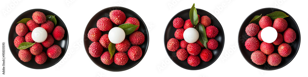 set of A Close-up of fresh on a black plat red lychee fruit and one top view. on a transparent background set of A Close-up of fresh on a black plat red lychee fruit and one top view. on a transparent background