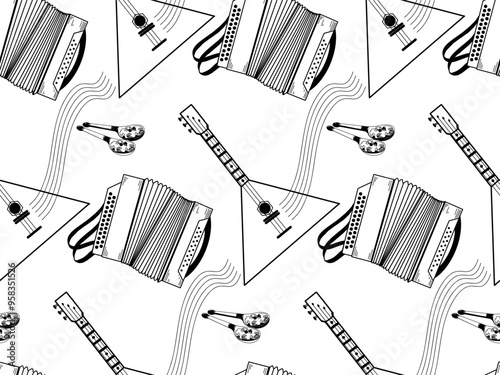 Seamless pattern on the theme of musical instruments. Balalaika, accordion, wooden painted spoons, all objects are hand-drawn in vector. Russian folk instruments. For printing on fabric, paper.
