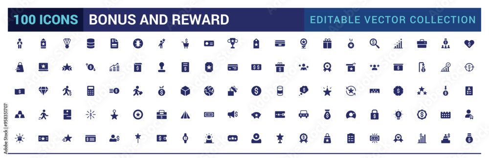 Bonus and reward icon set. Related to loyalty, benefit and prize filled icons. Filled icon set, glyph icon set for web and ui. Editable stroke. Solid icon set. Vector illustration. Bonus and reward icon set. Related to loyalty, benefit and prize filled icons. Filled icon set, glyph icon set for web and ui. Editable stroke. Solid icon set. Vector illustration.