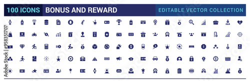 Bonus and reward icon set. Related to loyalty, benefit and prize filled icons. Filled icon set, glyph icon set for web and ui. Editable stroke. Solid icon set. Vector illustration.