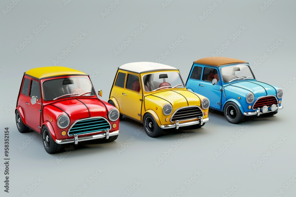 Cute cartoon style sedans, different designs, 3D render , created by ai Cute cartoon style sedans, different designs, 3D render , created by ai