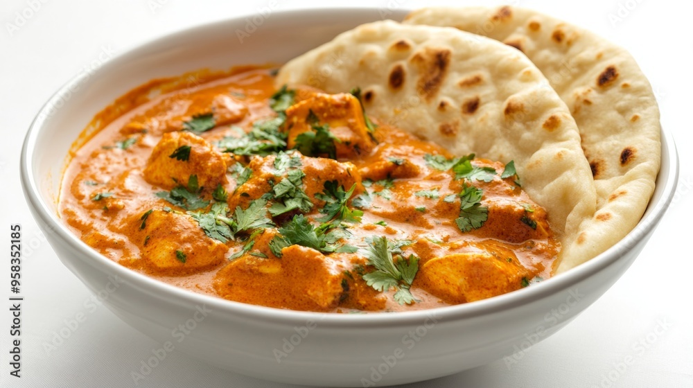 A bowl of Indian chicken tikka masala with rich, creamy sauce and naan bread on the side, presented on a white background to emphasize the dish's rich flavors and colors. A bowl of Indian chicken tikka masala with rich, creamy sauce and naan bread on the side, presented on a white background to emphasize the dish's rich flavors and colors.