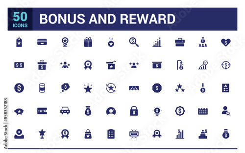 Bonus and reward icon set. Related to loyalty, benefit and prize filled icons. Filled icon set, glyph icon set for web and ui. Editable stroke. Solid icon set. Vector illustration.