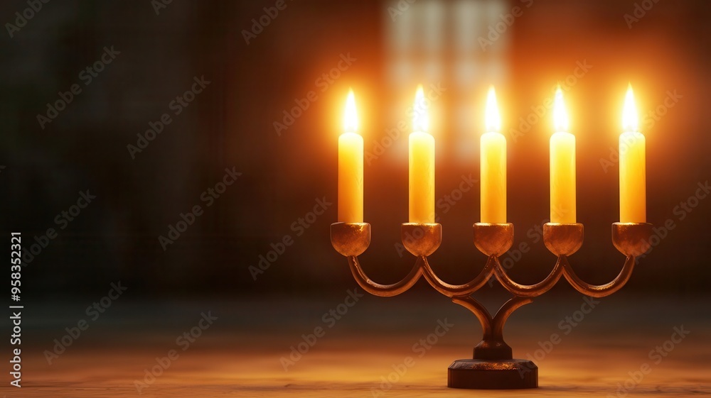 Menorah candle lighting ritual, soft candlelight glow, 3D illustration