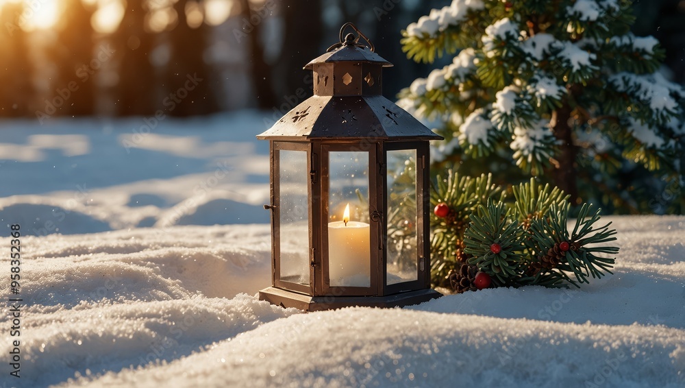 Christmas Lantern On Snow With Fir Branch in the Sunlight. Winter Decoration Background Christmas Lantern On Snow With Fir Branch in the Sunlight. Winter Decoration Background
