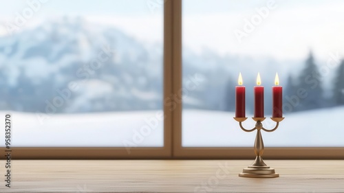 Menorah in the window, winter landscape outside, 3D illustration photo