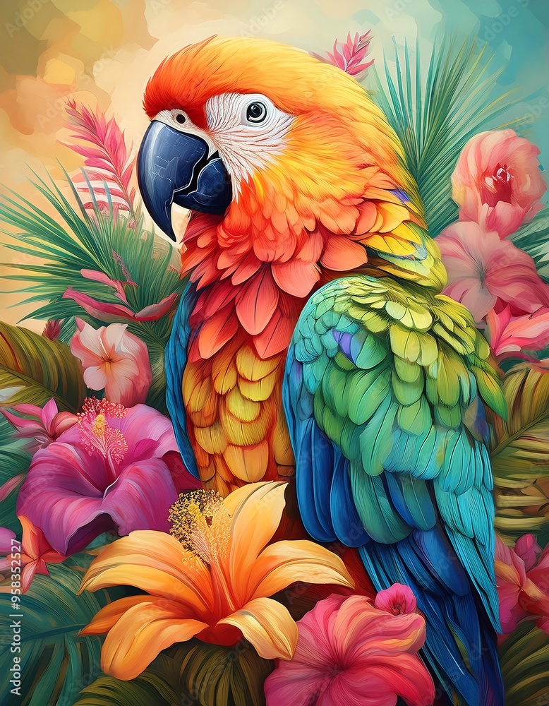 Obraz premium A parrot with colorful flowers