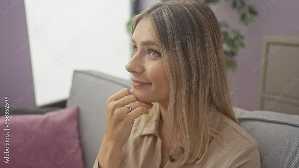 Young blonde woman sitting on sofa with hand on chin thinking about question, pensive expression. smiling with thoughtful face. doubt concept. at home Young blonde woman sitting on sofa with hand on chin thinking about question, pensive expression. smiling with thoughtful face. doubt concept. at home