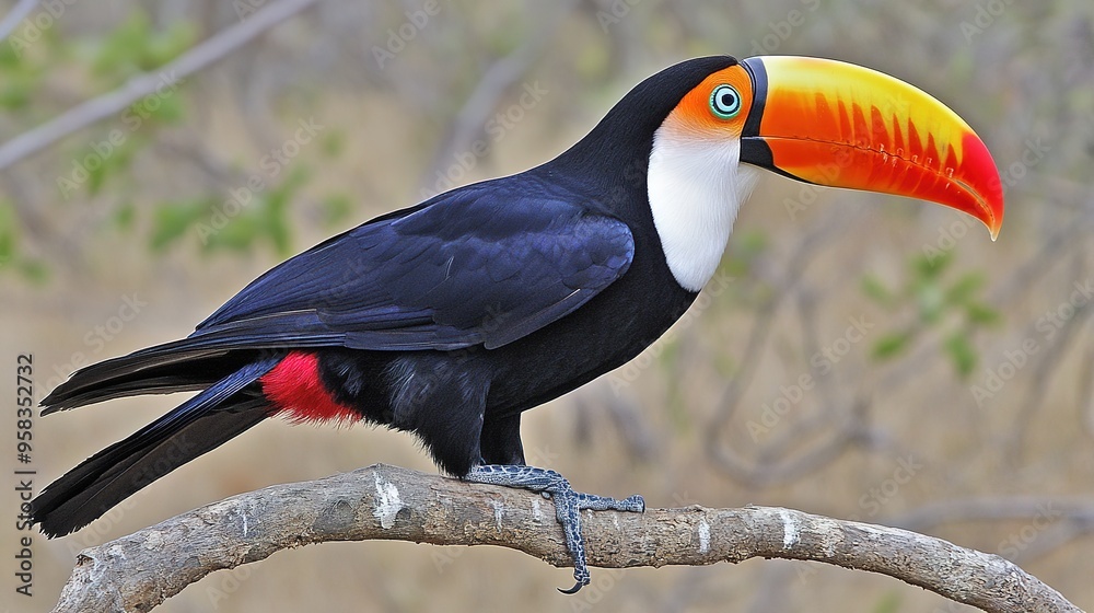 Obraz premium Colorful Toucan Perched on a Branch, Showcasing Its Vibrant Plumage and Large, Distinctive Beak. 