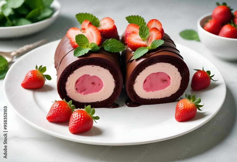 A chocolate cake roll with a pink strawberry filling, topped with fresh strawberries and mint leaves, served on a white plate A chocolate cake roll with a pink strawberry filling, topped with fresh strawberries and mint leaves, served on a white plate