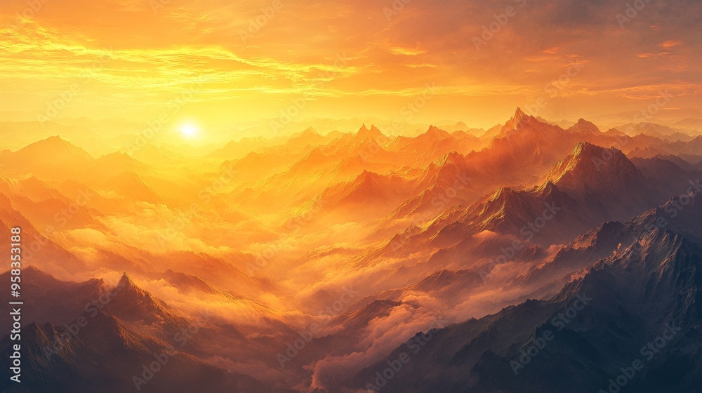 Naklejka premium A breathtaking sunrise over a mountain range, with the first light of day casting a golden glow on the peaks and mist swirling in the valleys below, creating a serene and majestic scene