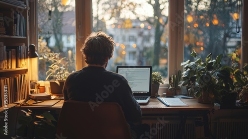 A person in a minimalist home office, seated comfortably with a laptop, soft background