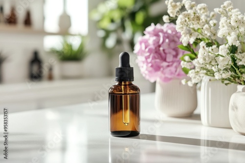 A dropper bottle of essential oil surrounded by flowers in a bright, serene environment.