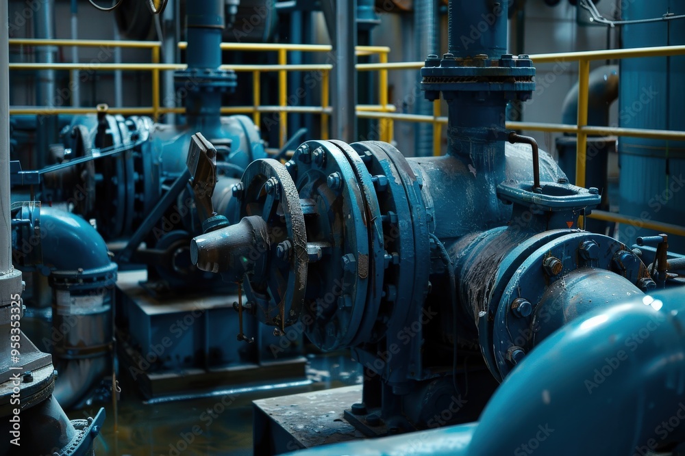 Industrial Pump. Blue Room with Pump Technology for Factory Infrastructure Industrial Pump. Blue Room with Pump Technology for Factory Infrastructure