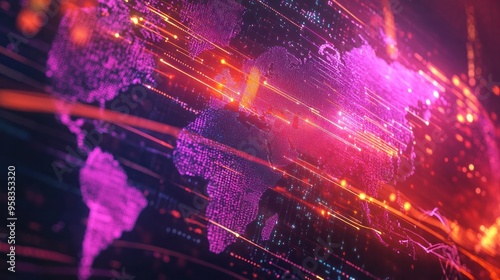 showing secure data transfer and digital transactions across a global network, vibrant and tech-savvy visuals