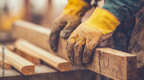 Close up of a carpenter wearing protective gloves carefully handling wood on a table at a construction site. Highlight the precision in woodworking and construction work. photo