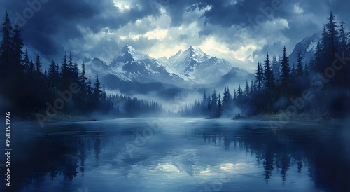 “Mountain Lake at Night with Misty Sky and Pine Trees, a Serene and Tranquil Landscape” 