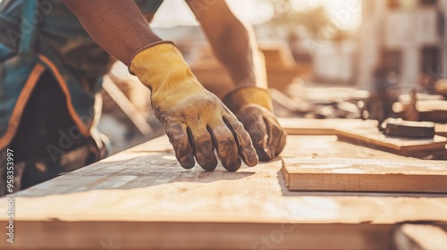 Close up of a carpenter wearing protective gloves carefully handling wood on a table at a construction site. Highlight the precision in woodworking and construction work. photo