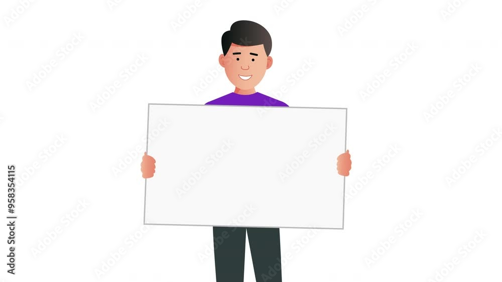 2D Illustrated male vector character holding a blank placard sign and smiling animation. On white background. 2D Illustrated male vector character holding a blank placard sign and smiling animation. On white background.