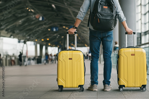 The man standing next to the two yellow suitcases is a young man.