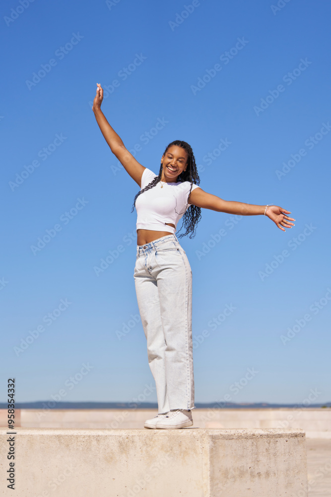 A woman is standing on a cement wall with her arms raised in the air A woman is standing on a cement wall with her arms raised in the air
