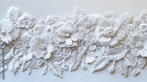 Exquisite white cotton lace embroidery presents elegant floral and leaf patterns. Delicate details, exquisite stitches, and clear lines create beautiful lace trims that are perfect for textile design