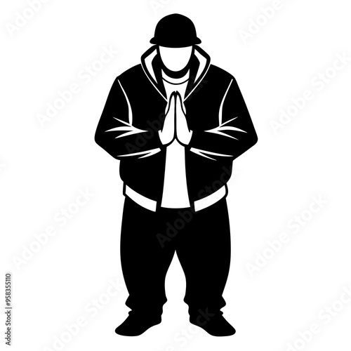 A man dressed as an icon rapper stands upright 