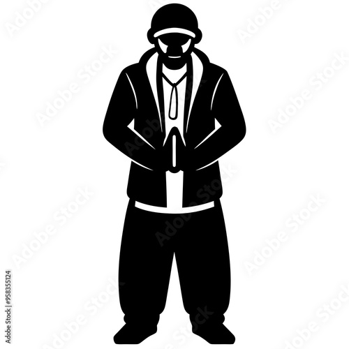 A man dressed as an icon rapper stands upright 