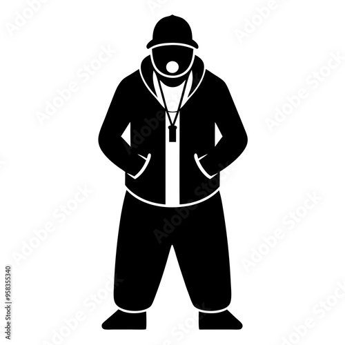 A man dressed as an icon rapper stands upright 