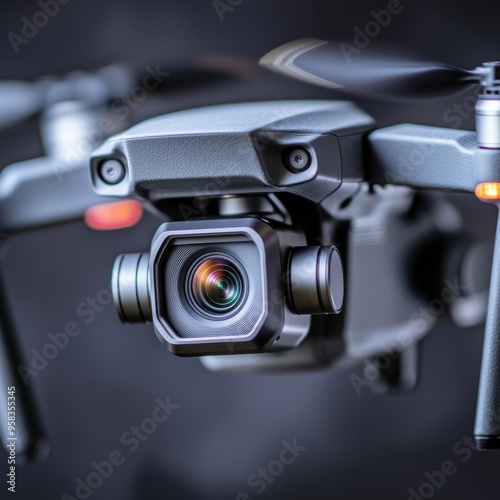 High-resolution image of a modern drone with a detailed camera, showcasing advanced technology in aerial photography.