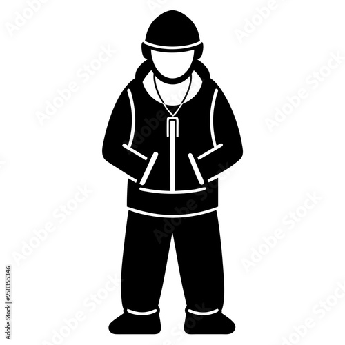 A man dressed as an icon rapper stands upright 