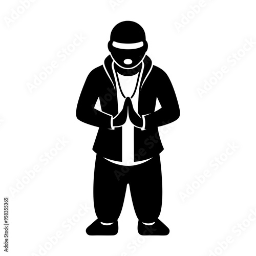 A man dressed as an icon rapper stands upright 