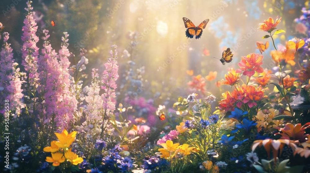 A beautiful garden with a variety of colorful flowers and butterflies dancing in the sunlight.