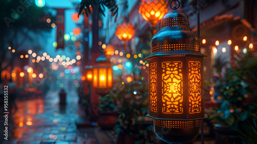 a street with lanterns and street lights