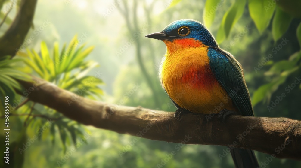A close-up of a beautiful bird with vibrant plumage, perched on a tree branch in a lush forest. A close-up of a beautiful bird with vibrant plumage, perched on a tree branch in a lush forest.