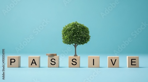 Wooden block passive and tree for income and investment on blue background.