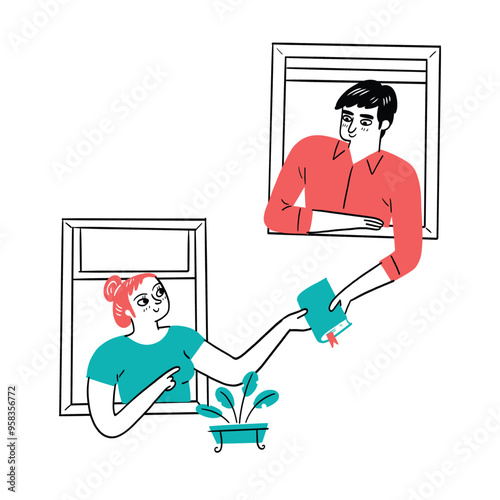 A woman and a man exchange a book through their windows