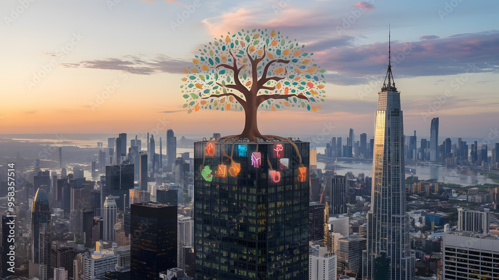 Obraz premium A tree growing out of a skyscraper’s roof, with digital leaves representing various CSR initiatives and community projects.