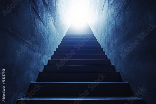 A dark stairway ascending towards a bright light above creating a dramatic and intense atmosphere of escape or discovery