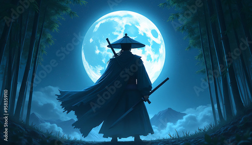 Illustration of a ninja holding a sword during a full moon. photo