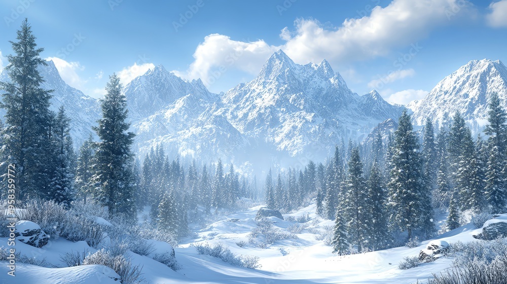 A serene winter landscape showcasing majestic mountains blanketed in snow, surrounded by frosty trees under a clear blue sky. A serene winter landscape showcasing majestic mountains blanketed in snow, surrounded by frosty trees under a clear blue sky.