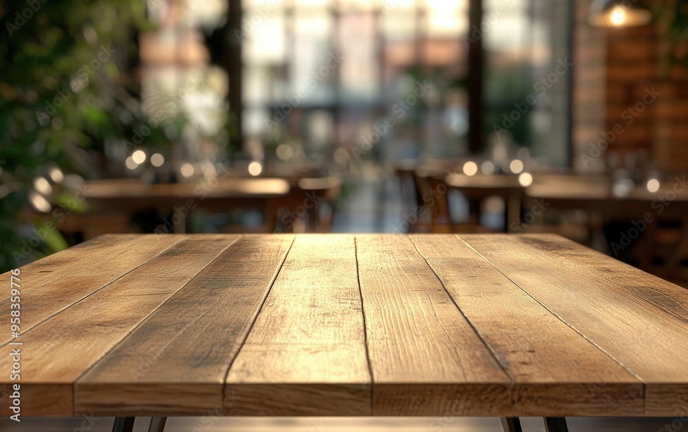 3D rendering of an empty wooden table with a blurred restaurant cafe backdrop suitable for product display or montage 3D rendering of an empty wooden table with a blurred restaurant cafe backdrop suitable for product display or montage